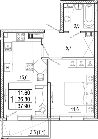 1-комн., 36.8 м², 2/15 этаж, ЖК «Лестория»