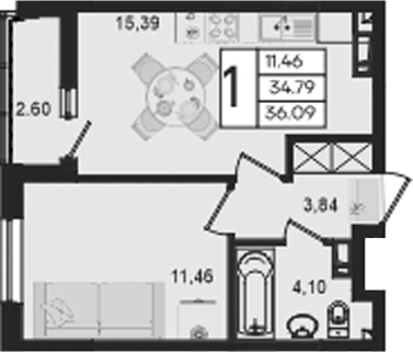 1-комн., 34.79 м², 8/9 этаж, ЖК «Дом 101»