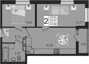 2-комн., 49.07 м², 12/18 этаж, ЖК «Дом 101»