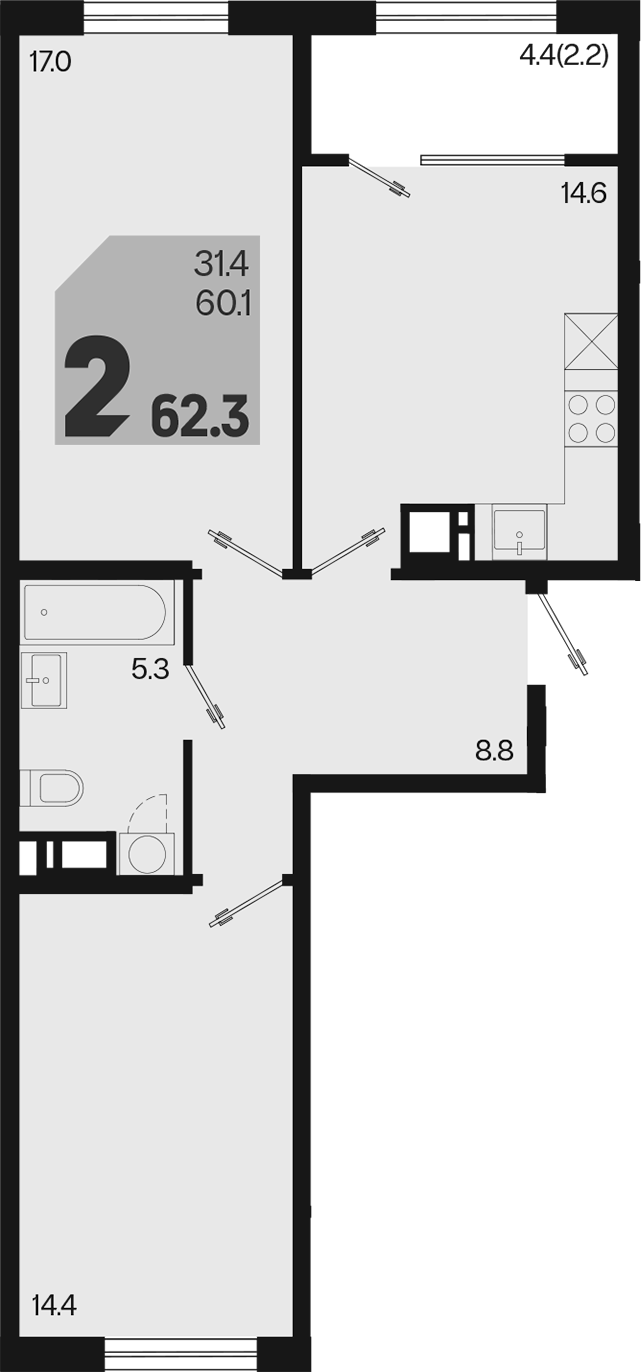 2-комн., 60.1 м², 6/9 этаж, ЖК «Первое место»