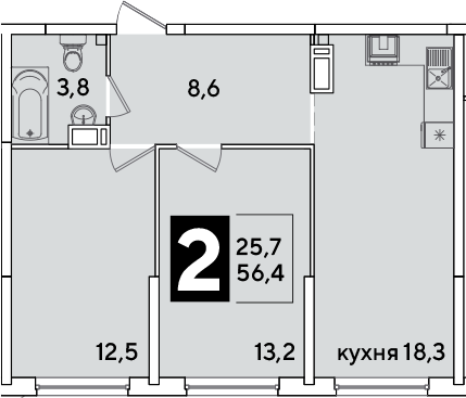 3-комн., 56.4 м², 11/16 этаж, ЖК «Самолет»