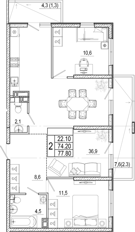 3-комн., 74.2 м², 4/17 этаж, ЖК «Лестория»