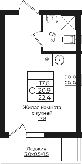 Студия, 20.9 м², 1/9 этаж, ЖК «Европа-Сити»
