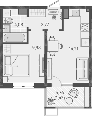 1-комн., 32.04 м², 7/9 этаж, ЖК «Теплые края»