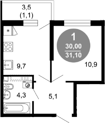 1-комн., 30 м², 1/17 этаж, ЖК «Лестория»