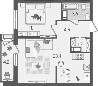 2-комн., 44.3 м², 20/24 этаж, ЖК «Рекорд»