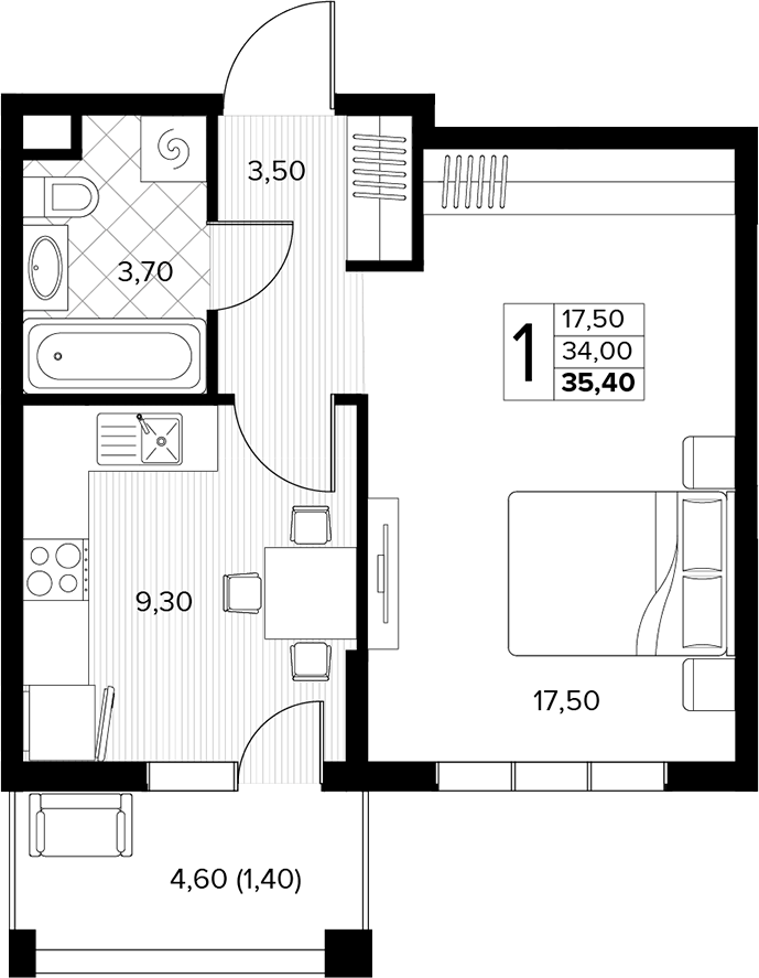 1-комн., 34 м², 2/6 этаж, ЖК «Кипарис»