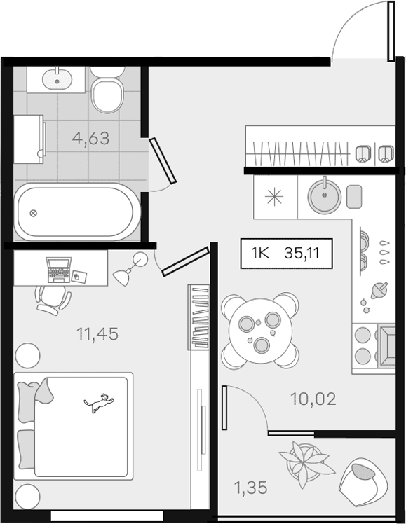 1-комн., 33.76 м², 4/8 этаж, ЖК «История 3»
