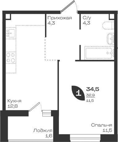 1-комн., 32.9 м², 2/18 этаж, ЖК «Ботаника»