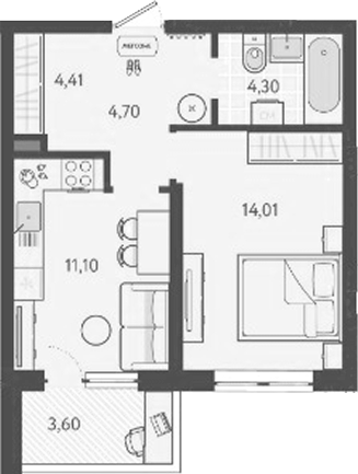 1-комн., 39.24 м², 1/9 этаж, ЖК «Теплые края»