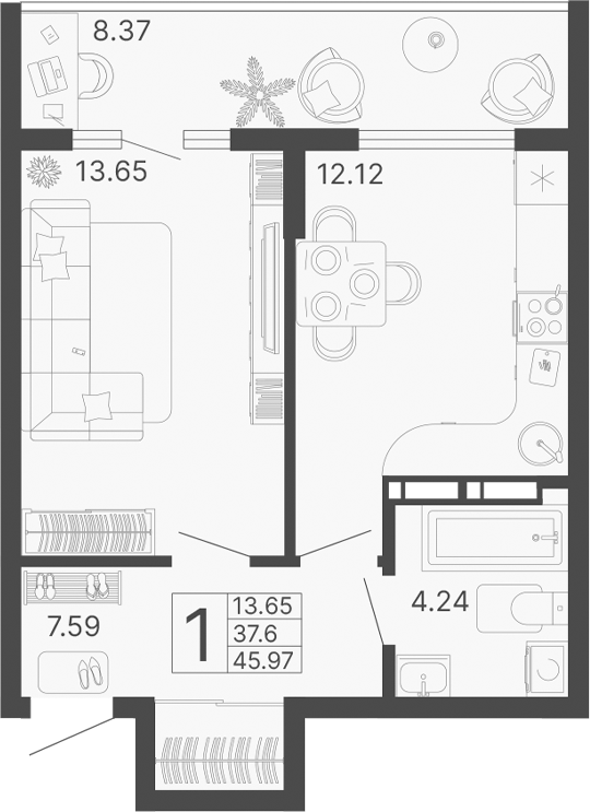 1-комн., 37.6 м², 11/14 этаж, ЖК «Светский лес»