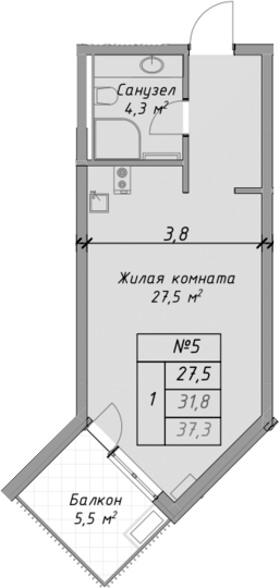 Студия, 31.8 м², 1/4 этаж, ЖК «Оазис Азова»