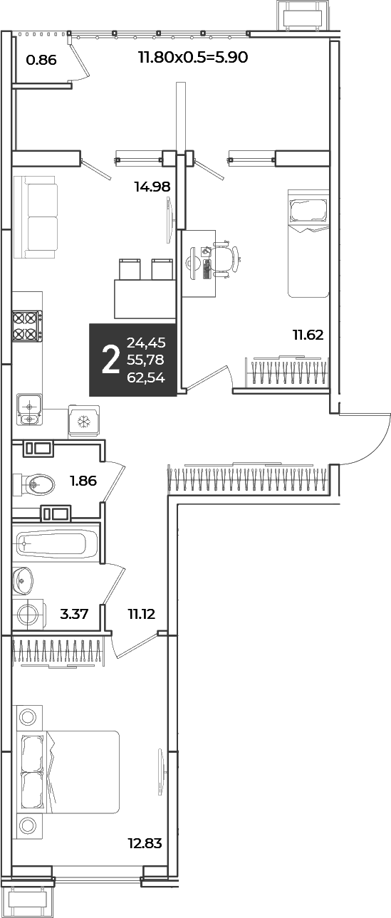 2-комн., 55.78 м², 5/18 этаж, ЖК «Образцово»