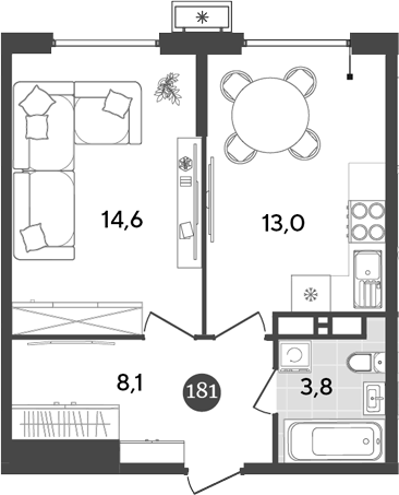 1-комн., 39.5 м², 18/18 этаж, ЖК «Порто-Ново»