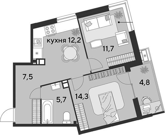 2-комн., 51.4 м², 8/18 этаж, ЖК «Парк Победы»