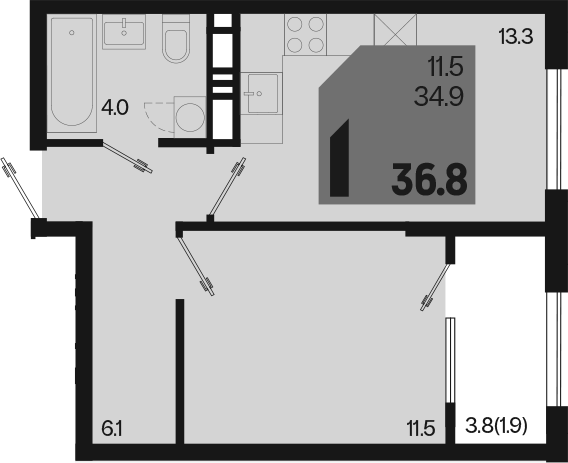 1-комн., 34.9 м², 3/18 этаж, ЖК «Первое место»