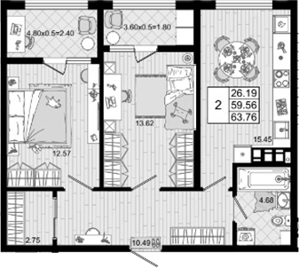 2-комн., 59.56 м², 2/8 этаж, ЖК «Резиденция морей»