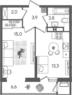 1-комн., 38 м², 24/24 этаж, ЖК «Рекорд»