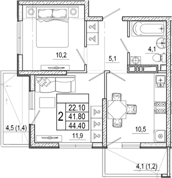 2-комн., 41.8 м², 6/17 этаж, ЖК «Лестория»