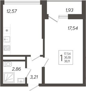 1-комн., 36.18 м², 17/19 этаж, ЖК «Кислород»