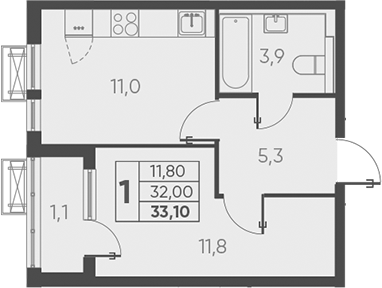 1-комн., 33.1 м², 21/24 этаж, ЖК «Барса»