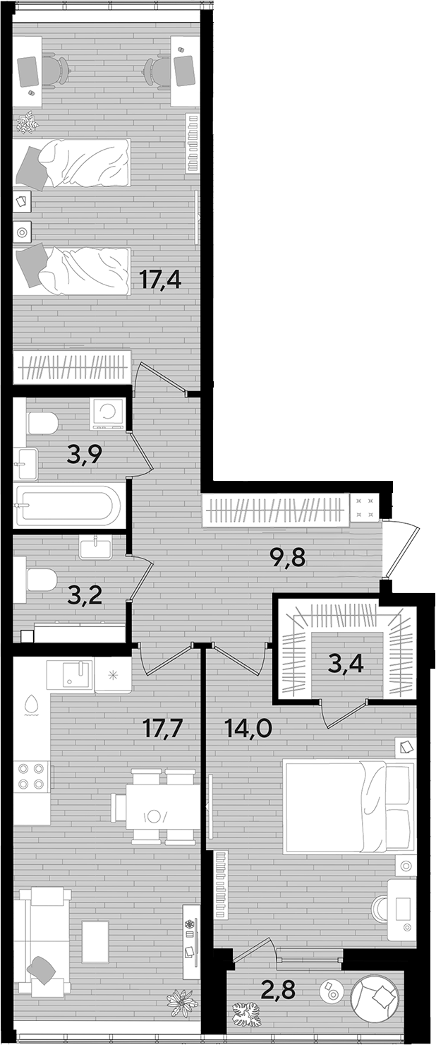 2-комн., 69.4 м², 2/16 этаж, ЖК «DОГМА ПАРК»