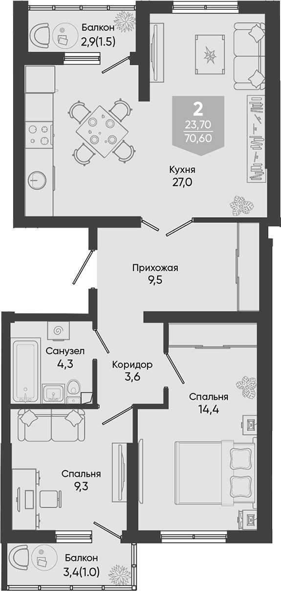 3-комн., 68.1 м², 1/24 этаж, ЖК «Облака»