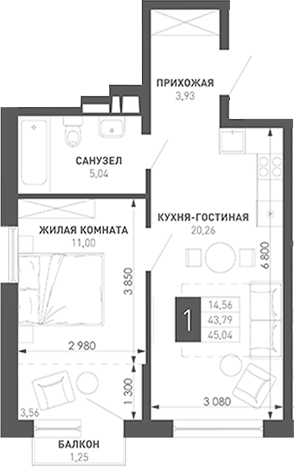 Продается 1-комн. квартира, 46.1 м²