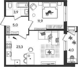 2-комн., 44.1 м², 2/24 этаж, ЖК «Рекорд»