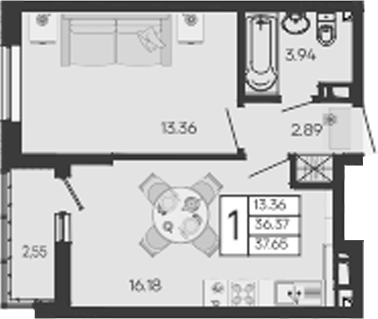 Продается 1-комн. квартира, 36.38 м²