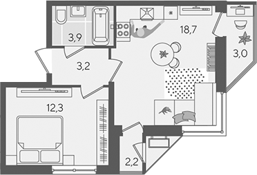 2-комн., 38.1 м², 2/24 этаж, ЖК «Рекорд»