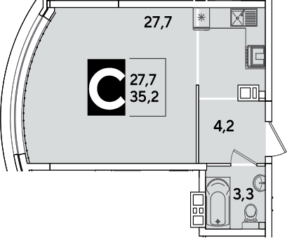 Студия, 35.2 м², 8/16 этаж, ЖК «Самолет»