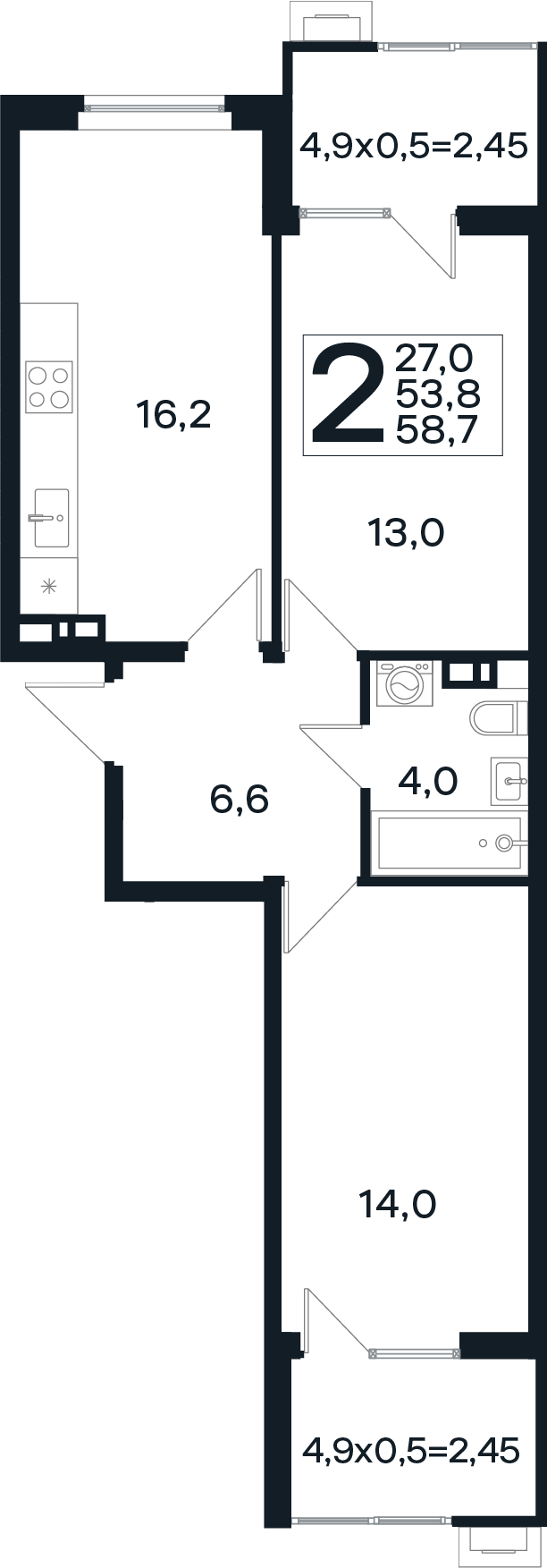 2-комн., 53.8 м², 4/4 этаж, ЖК «Новая Елизаветка»