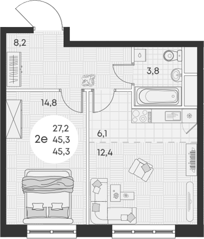2-комн., 45.3 м², 5/17 этаж, ЖК «Грин Эппл»