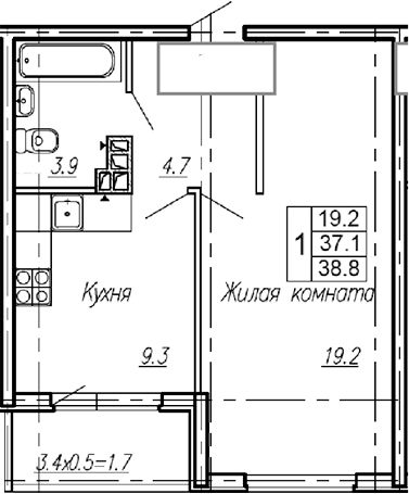1-комн., 37.1 м², 1/4 этаж, ЖК «Эво»