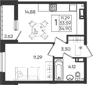 Продается 1-комн. квартира, 33.59 м²