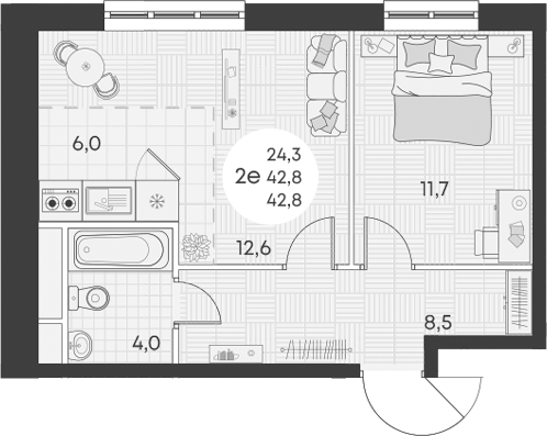 2-комн., 42.8 м², 16/16 этаж, ЖК «Грин Эппл»