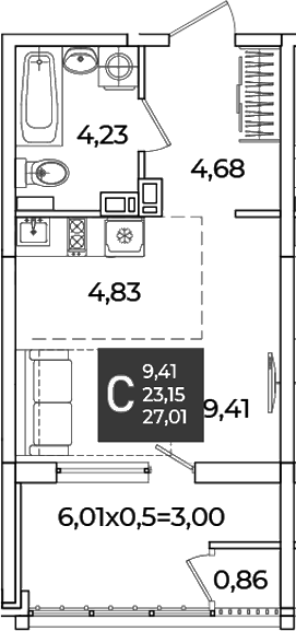 Продается 1-комн. квартира, 23.15 м²