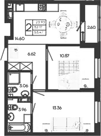 2-комн., 52.17 м², 5/18 этаж, ЖК «Дом 101»