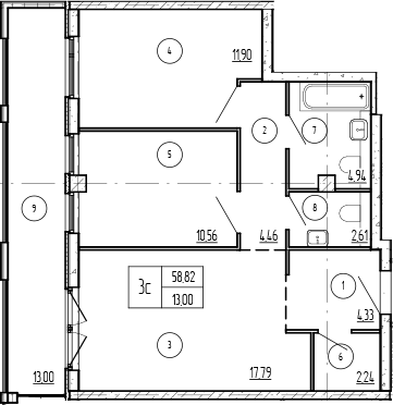 2-комн., 58.82 м², 7/9 этаж, ЖК «Лучи»