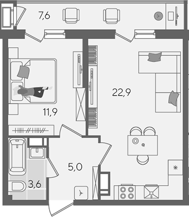 2-комн., 43.4 м², 12/24 этаж, ЖК «Рекорд»