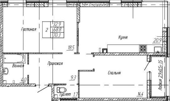 2-комн., 68.8 м², 2/9 этаж, ЖК «Архитектор. ГК ЮгСтройИнвест»