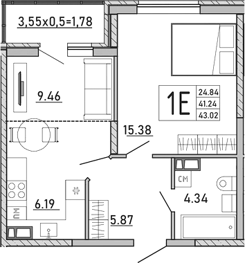 2-комн., 41.24 м², 1/8 этаж, ЖК «Любимый дом. СЗ СтройГрупп»
