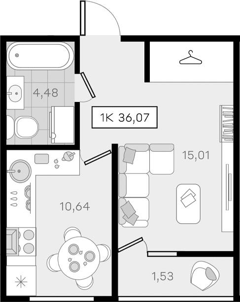 1-комн., 34.54 м², 8/8 этаж, ЖК «История 3»