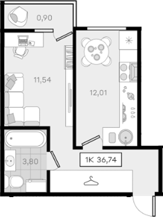 1-комн., 35.84 м², 5/8 этаж, ЖК «История 3»