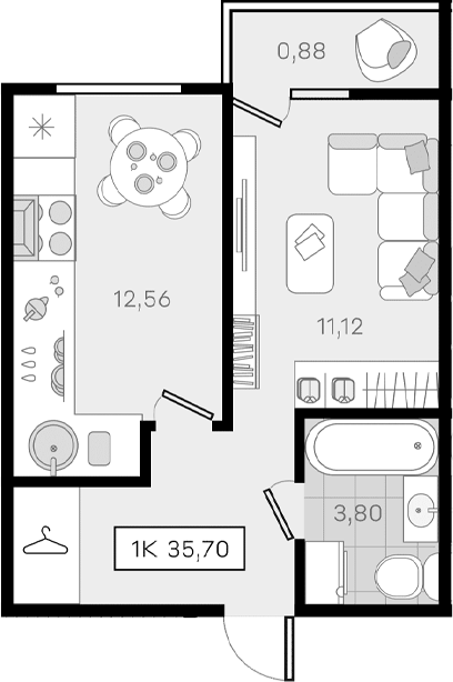 1-комн., 34.82 м², 4/8 этаж, ЖК «История 3»