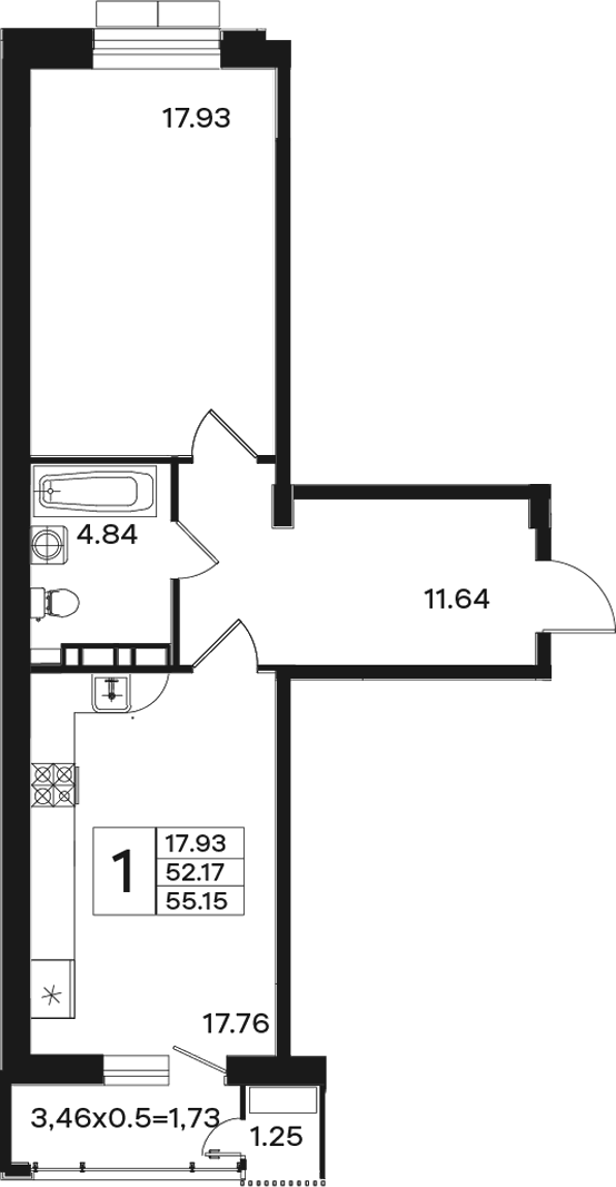 Продается 1-комн. квартира, 52.17 м²