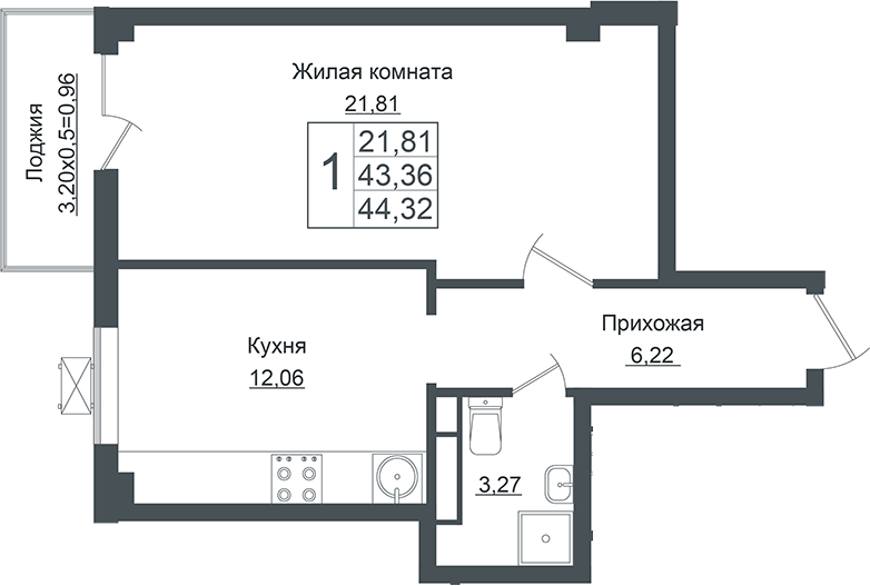 1-комн., 43.36 м², 7/7 этаж, ЖК «Европа-Сити»