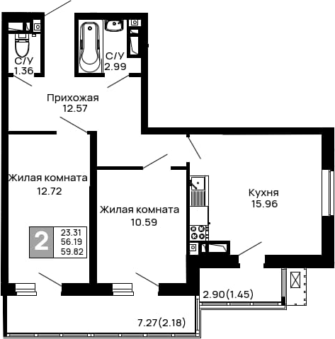 2-комн., 56.19 м², 7/16 этаж, ЖК «Долина»