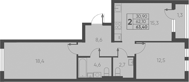 2-комн., 62.1 м², 7/15 этаж, ЖК «Барса»